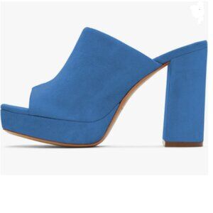 YDN Blue Chunky High Heel Platform Sandals Peep Toe Slide Mules Slip On Shoes